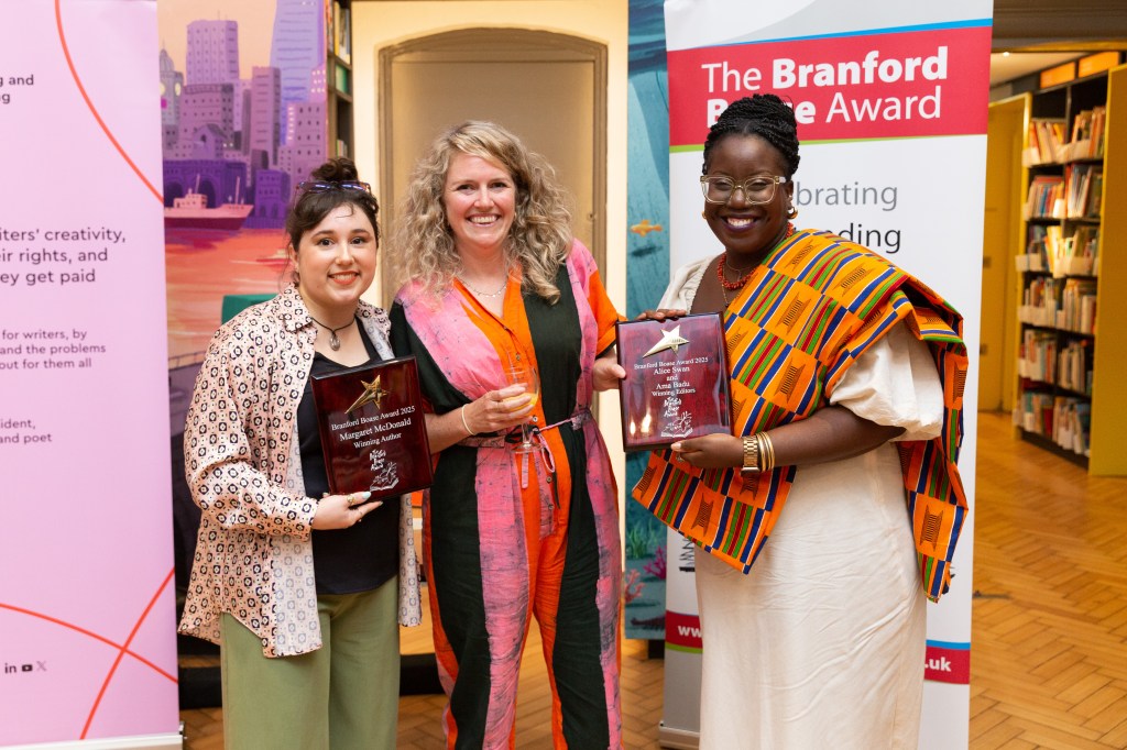Author Margaret McDonald with Faber & Faber editors Alice Swan and Ama Badu